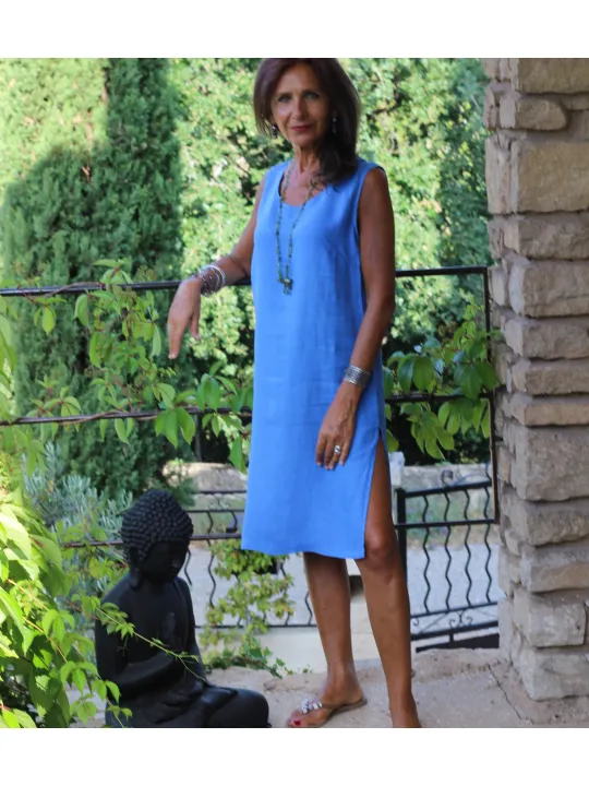 Linen dress without sleeves royal blue