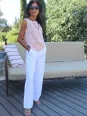 Pantalon lin femme blanc large avec bouton