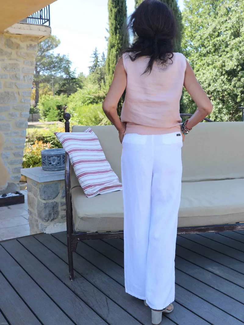 Pantalon lin femme blanc avec bouton