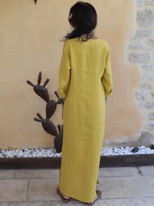 robe en lin manche longue jaune femme