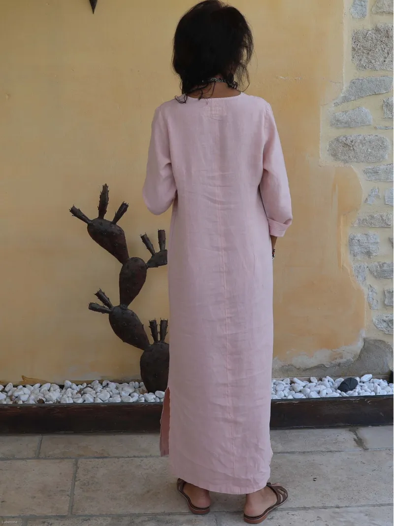 Robe longue en lin manche longue saumon de dos