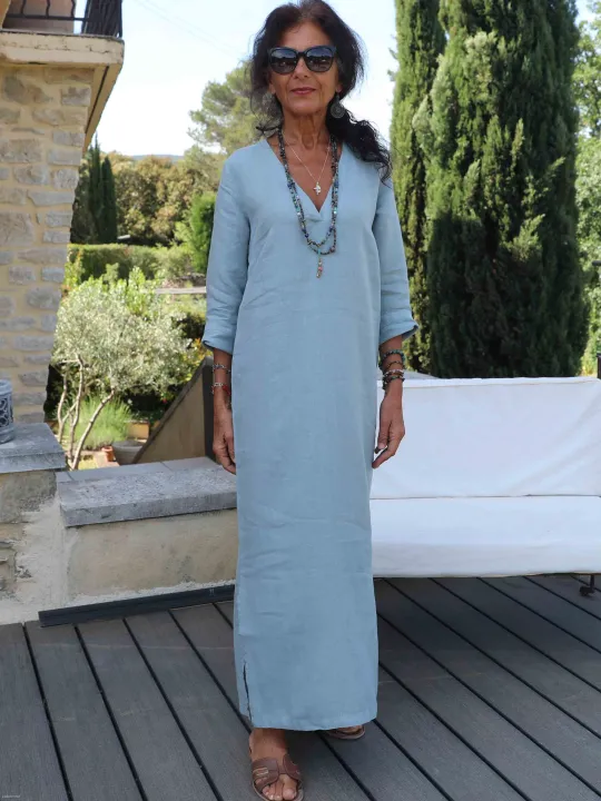 Robe longue en lin manche longue gris vert