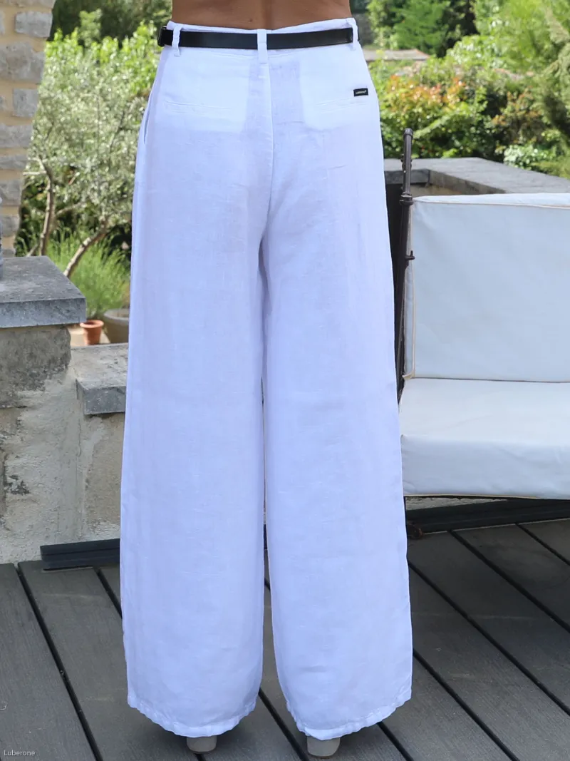 Pantalon lin à pinces blanc femme de dos