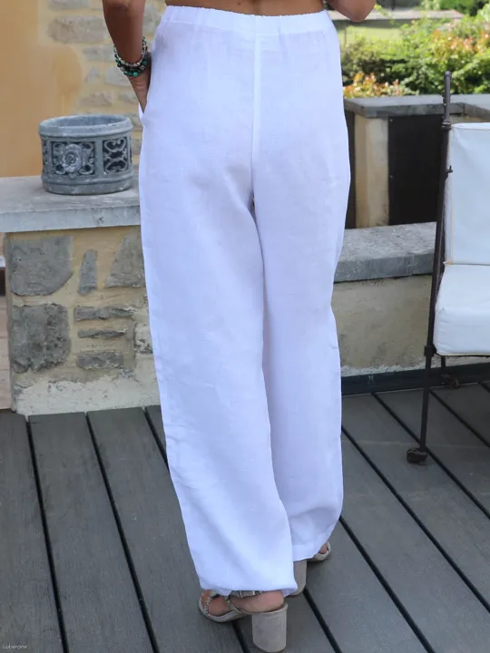 Pantalon lin blanc élastique de dos