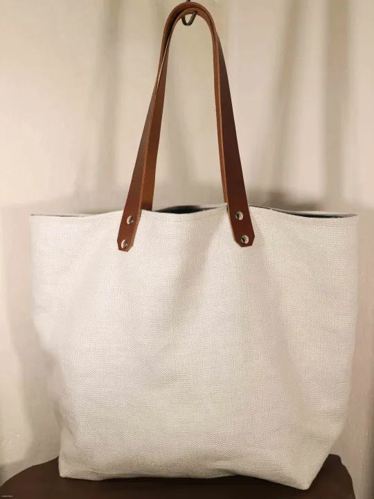 sac en lin gris argent anses en cuir