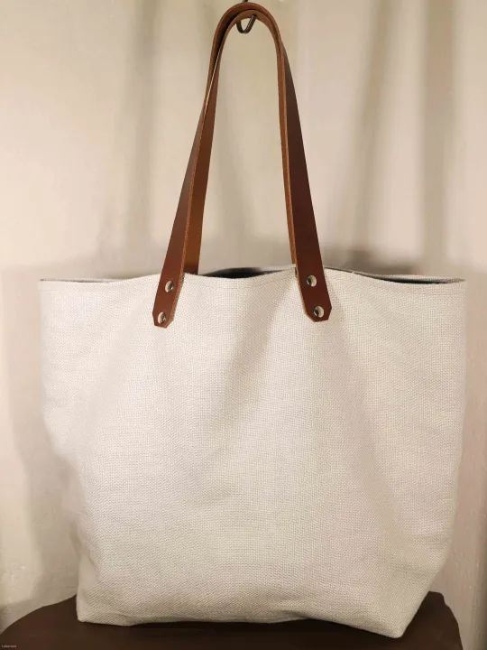 Silver grey linen tote bag Leather handles