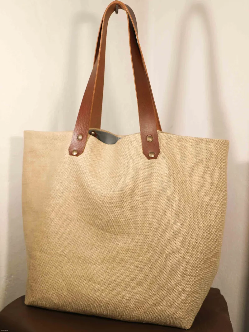 Camel linen tote bag Leather handles