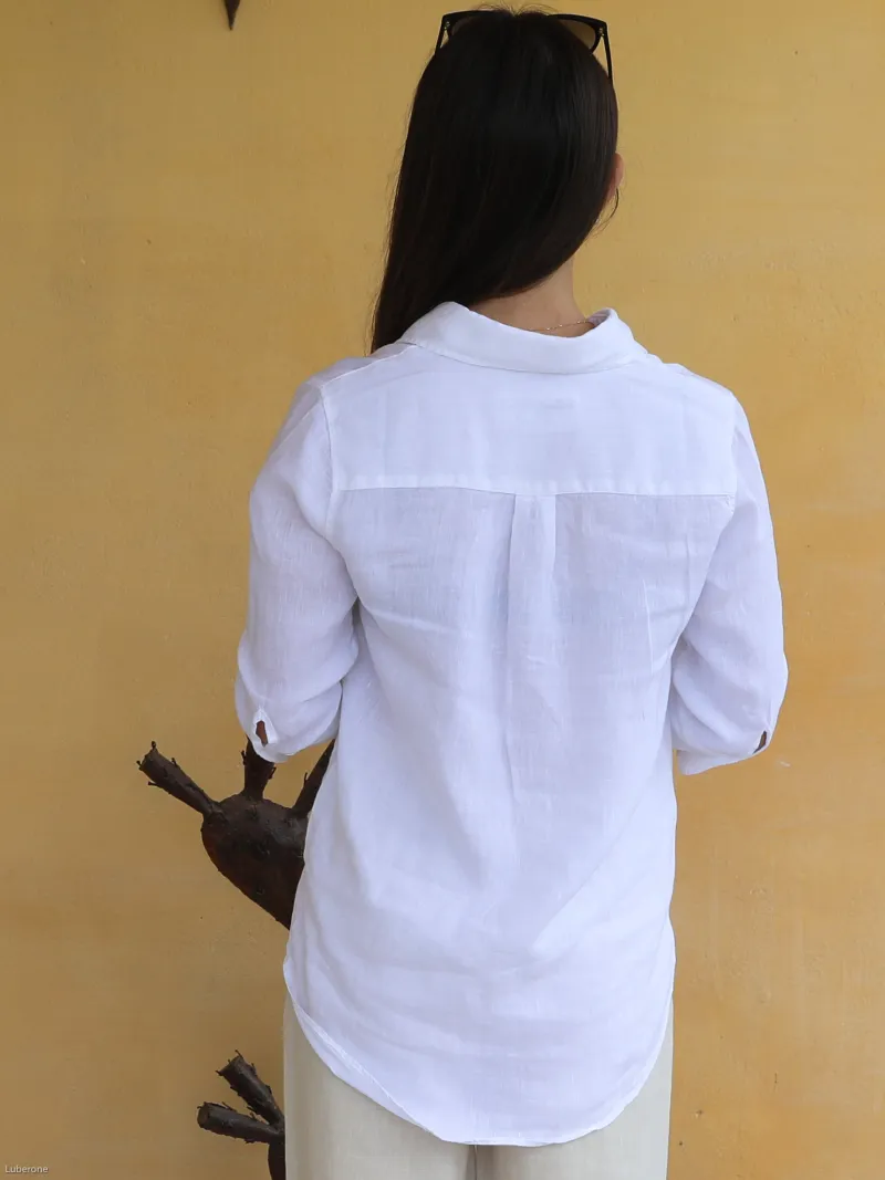 Chemise en lin blanc manche 3/4 pour femme de dos
