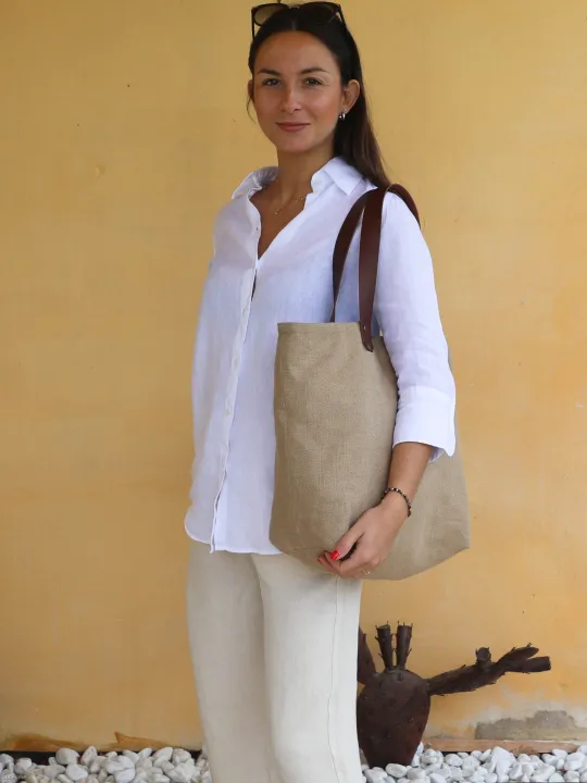 Chemise en lin blanc manche 3/4 pour femme avec sac