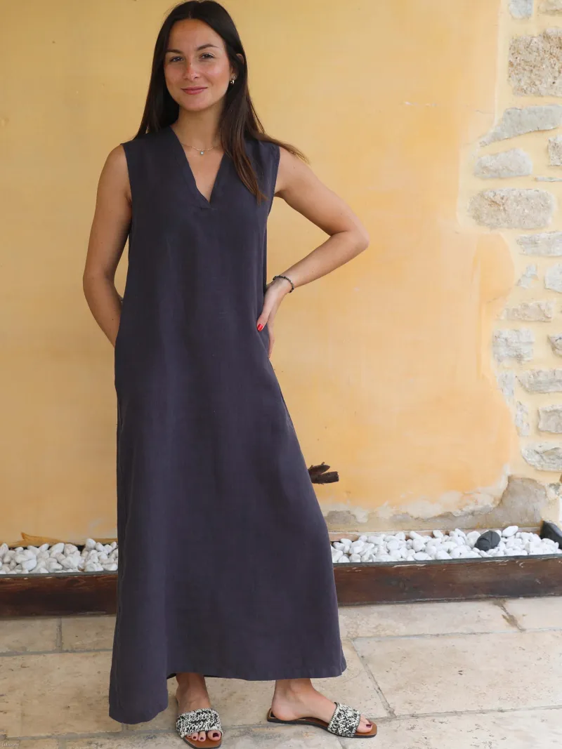 Robe longue en lin anthracite avec poche