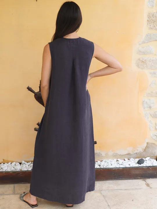 Robe longue en lin anthracite avec poche de dos