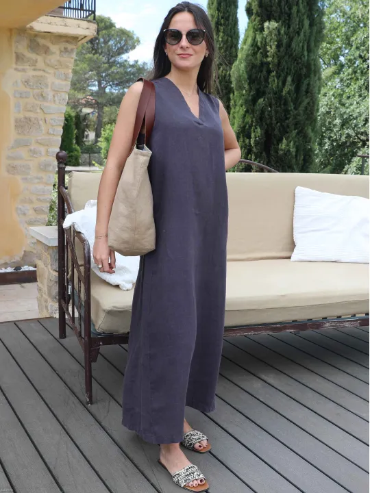 Robe longue lin anthracite avec poche