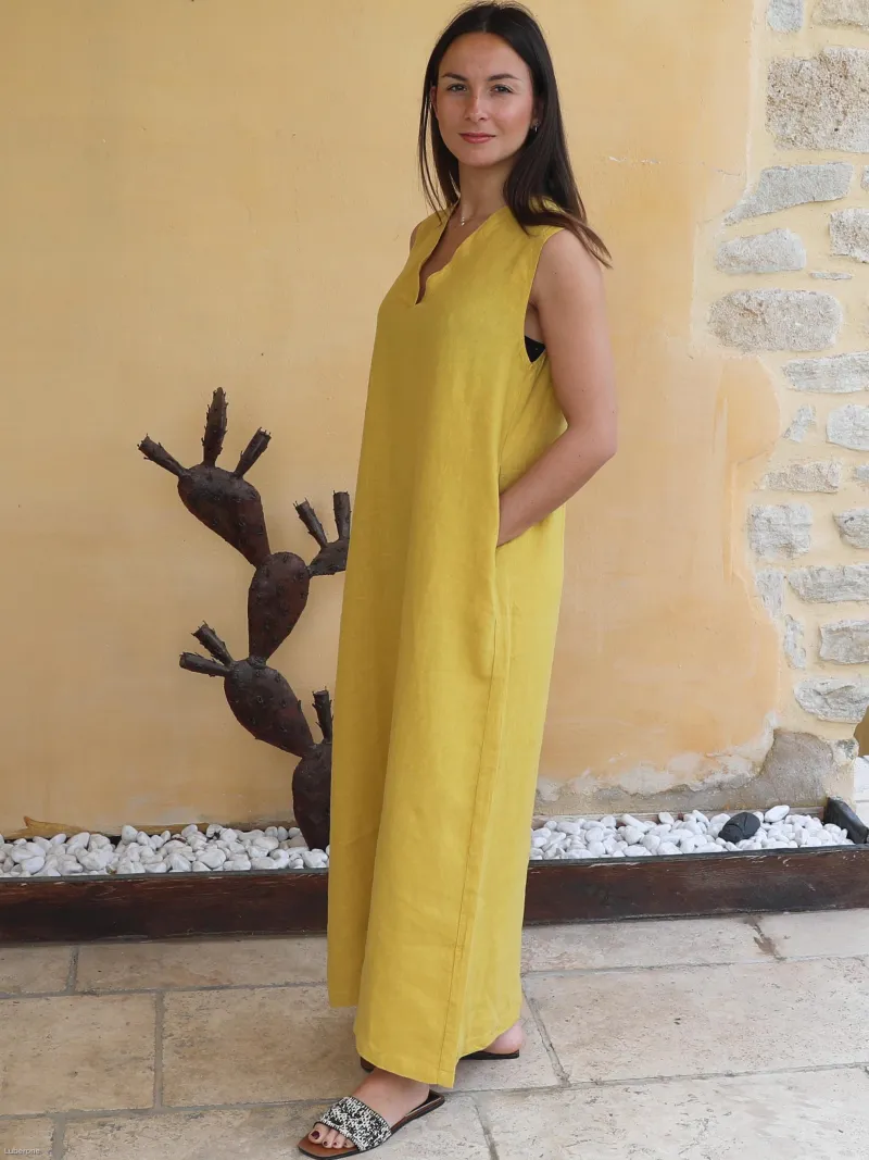 Robe longue lin jaune avec poche