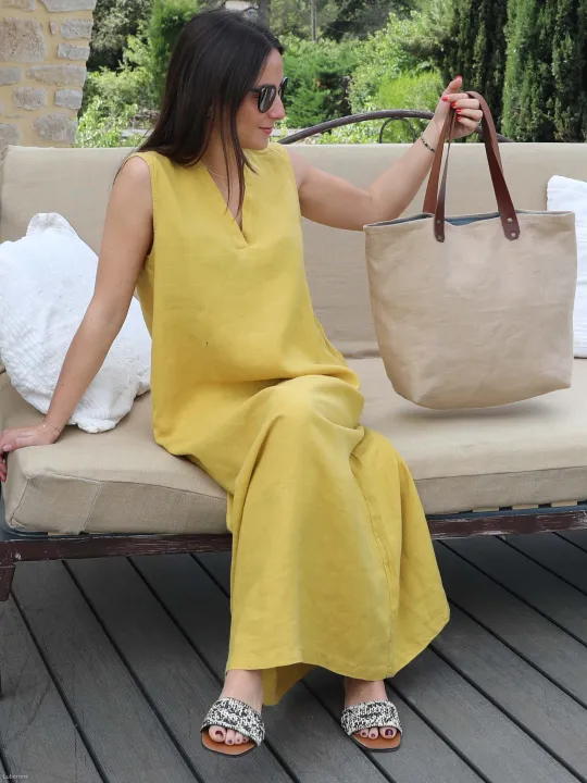 Robe longue en lin jaune avec poche